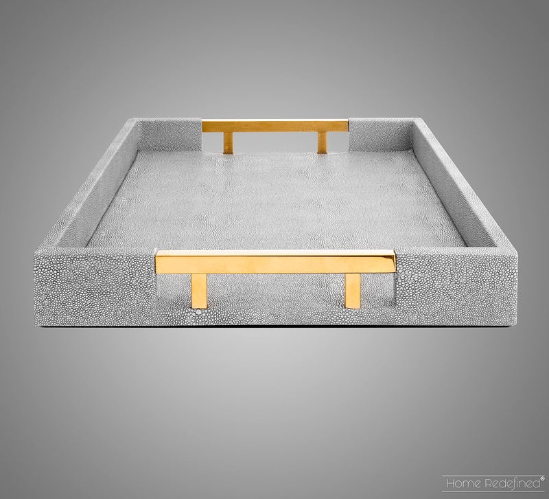 Home Redefined Modern Elegant 17.5"x12" Rectangle Glossy Grey Shagreen Faux Leather Decorative Tray Ottoman Coffee Table Perfume Kitchen Display Perfume Serving Tray with Gold Polished Metal Handles. - Image 4